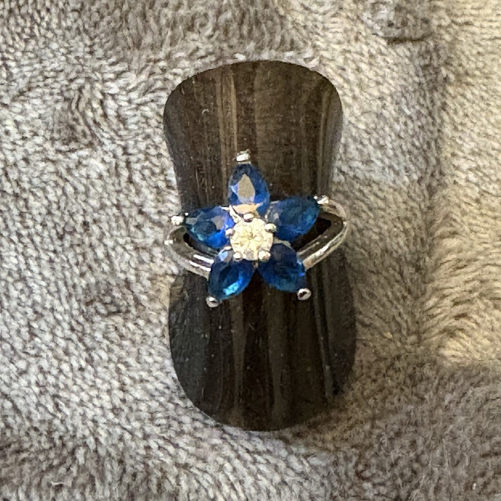 VTG Blue Marquise Rhinestone Flower Ring Silver Tone Women's 6.5 Statement Retro